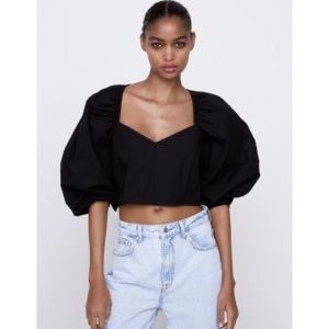 Zara Black Poplin Crop Top Sweetheart Neckline